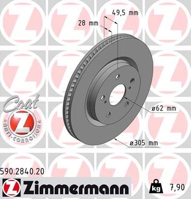 Диск тормозной передний TOYOTA Rav 4 Otto Zimmermann 590.2840.20, D=305 мм