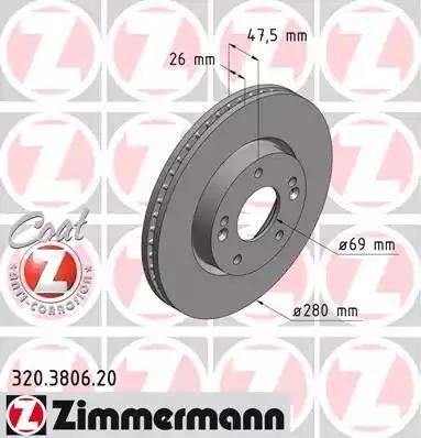 Диск тормозной передний HYUNDAI, KIA Otto Zimmermann 320.3806.20, D=280 мм