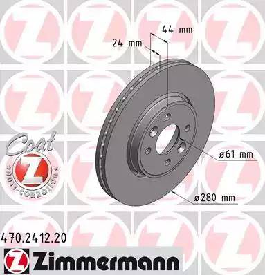 Диск тормозной передний RENAULT Clio Otto Zimmermann 470.2412.20, D=280 мм