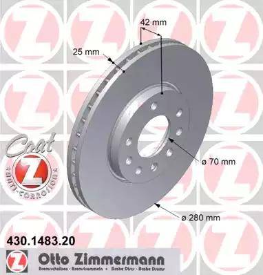 Диск тормозной передний OPEL Astra Otto Zimmermann 430.1483.20, D=280 мм