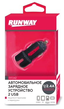 Автомобильное зарядное устройство Runway RR342, 2 USB, 1/2.4А, черный