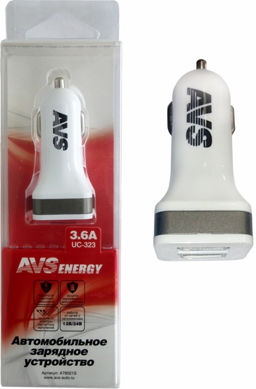 Автомобильное зарядное устройство USB AVS A78021S, 3.6 А