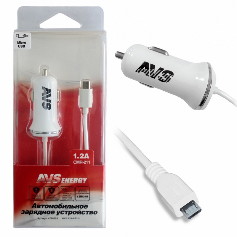 Автомобильное зарядное устройство с micro USB AVS A78029S, 1.2 А