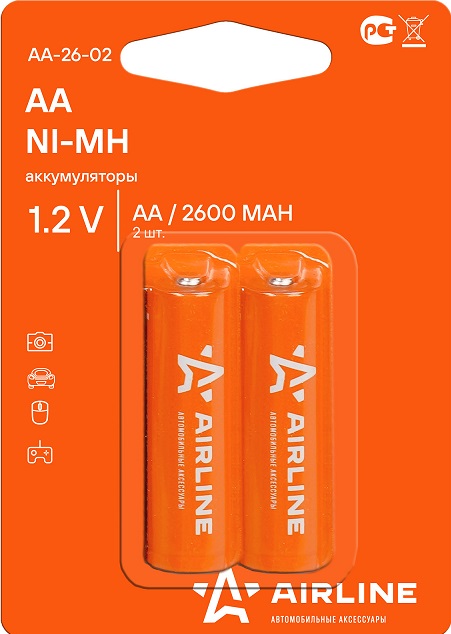 Батарейка Ni-Mh AIRLINE AA-26-02, аккумулятор AA, 1.2V, 2 шт