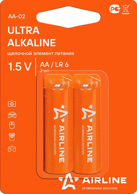Батарейка алкалиновая AIRLINE AA-02, ultra Alkaline, AA, 1.5 V, 2 шт