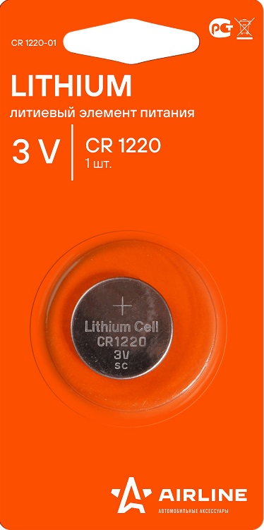Батарейка литиевая AIRLINE CR1220-01, Lithium, CR1220, 3 V, 1 шт 