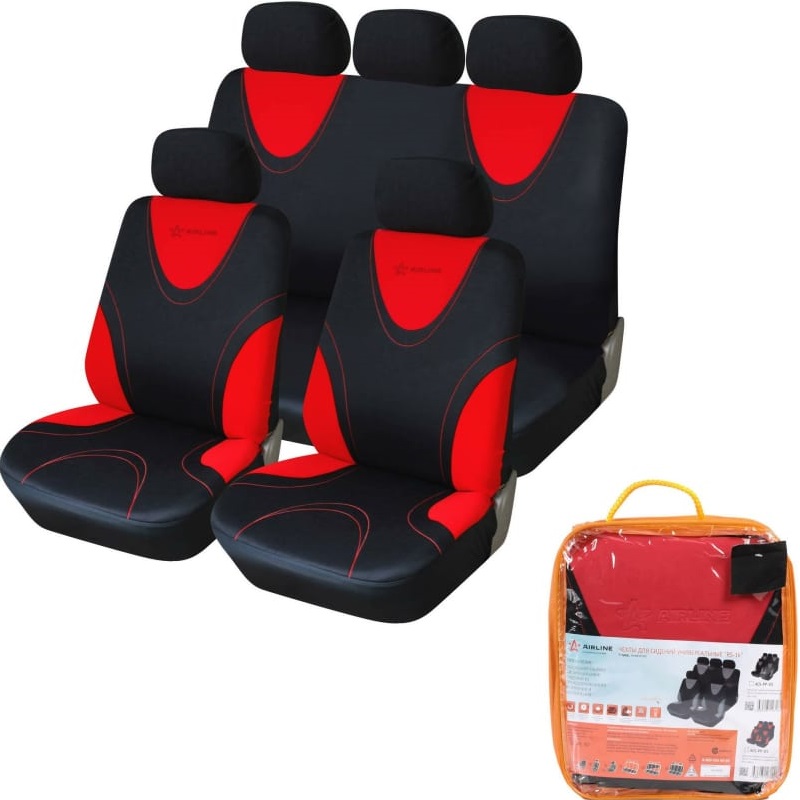 Чехлы для сидений Airline ACS-PP-05, RS-1k, передние/задние, 9 предметов, полиэстер, черный/красный