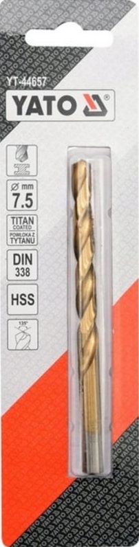 Сверло по металлу YATO YT-44657, HSS-TiN, 7.5 мм