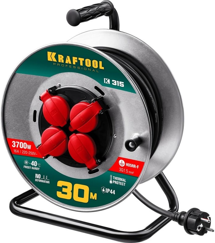 Удлинитель на катушке KRAFTOOL 55085-30_z01, 3700 Вт, 4 гнезда, IP44, 30 мм