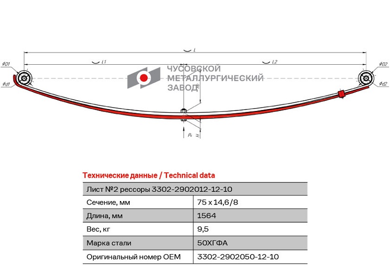 Лист подкорренной рессоры передний ГАЗ 2705, 3221, 3302 ЧМЗ 3302-2902050-12-10