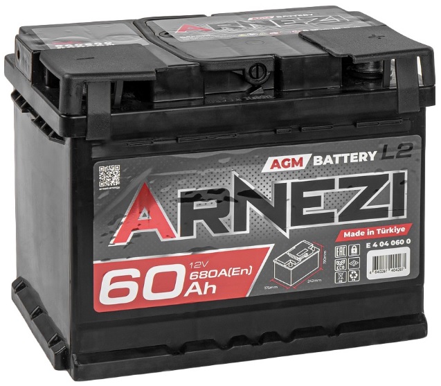 Аккумулятор ARNEZI E4040600 AGM Start-stop 60 А/ч обратный R+ 242x175x190 L2 EN 680 А