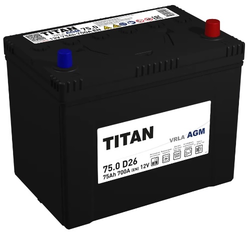 Аккумулятор TITAN 4610082702127 AGM Stop&Go 75 А/ч Обратная R+ 258x175x223 EN650 A