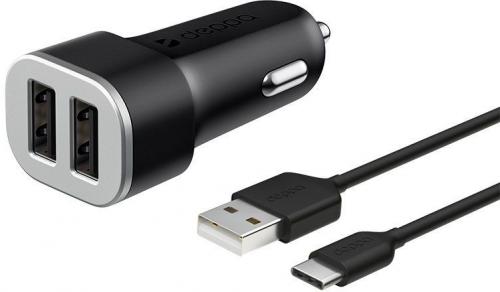 АЗУ 2 USB 2.4А + кабель USB Type-C, черный, Deppa